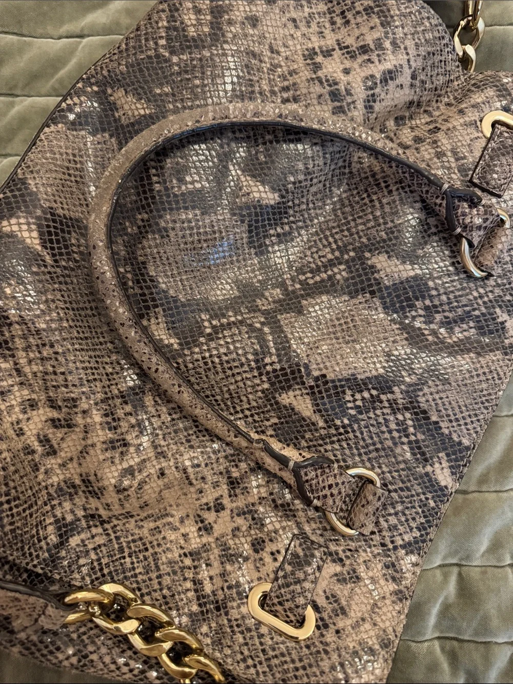 Michael Kors Snake-Print Leather Shoulder Bag in Taupe and Dark Brown